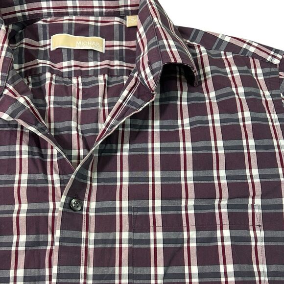 Michael Kors Mens Plaid Button Down Shirt 16 34/35 Burgundy Gray White - Picture 2 of 12